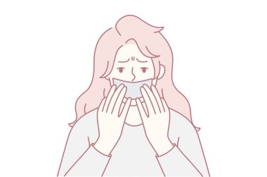 Endişeli bir ifadeyle dokuyu suni teneffüs yapan kadın, açık öksürük ya da soğuk algınlığı belirtileri ve sağlık ve hijyen ile ilgili endişeler yumuşak çizgi işi hassasiyeti, kendine bakımı ve ihtiyaç duyulan şeyleri taşır.