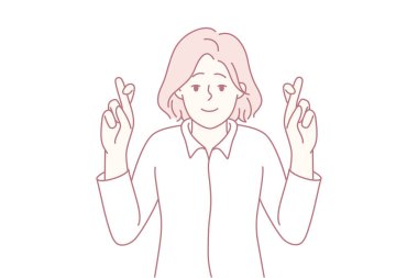 Nazik, umutlu bir ifade, iyimser bir beklenti ve şans, umut, beklenti ve yaşam tarzına uygun yumuşak bir illüstrasyonla yakalanmış gergin bir enerji ile parmaklarını çapraz yapan bir kadın.