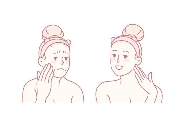 Woman before and after beauty face procedures. Unhappy female satisfied with cosmetology treatment result. Vector illustration.