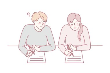 Sınavda kopya çeken çocuk bayan sınıf arkadaşından kopya cevapları aldı. Sınav sırasında sınav kağıtları olan öğrenciler. Düz vektör illüstrasyonu.