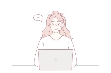 Ofiste bilgisayarla çalışan kulaklıklı bir kadın. Gülümseyen kadın çağrı merkezi ajanı müşteriyle dizüstü bilgisayar kullanarak konuşuyor. Yardım hattı. Vektör illüstrasyonu.