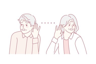 Unhealthy elderly people suffer from hearing problems. Unwell sick mature man and woman struggle with listening disabilities. Geriatric healthcare. Vector illustration.