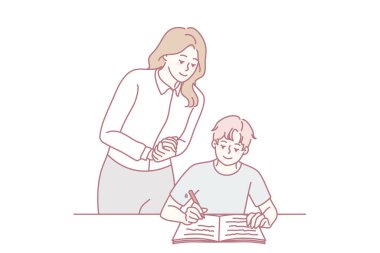 Teacher control boy child writing in notebook. Female tutor look at kid handwrite in classroom. School education concept. Vector illustration.