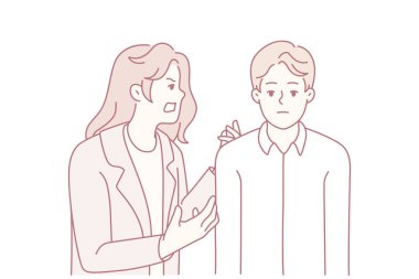 Sinir bozucu kadın bıkkın kocasına bağırıyor. Öfkeli çılgın eş, cahil adama bağırıp çağırır. İlişki sorunları. Vektör illüstrasyonu.