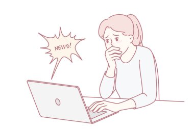 Sersemlemiş kadın internetteki inanılmaz haberler karşısında şok olmuş hissediyor. Mektuplara ya da bilgisayardaki uyarılara şaşırmış bir kız. Vektör illüstrasyonu.