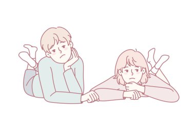 Bored little kids lying on ground feel lazy and unmotivated. Unhappy sad children show boredom and laziness. Childhood lifestyle. Vector illustration.