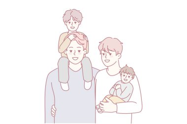 Küçük çocuklu mutlu homoseksüel erkekler aile kurar. Gülümseyen eşcinsel çift evlat ediniyor. LGBTQ ebeveynleri. Vektör illüstrasyonu.