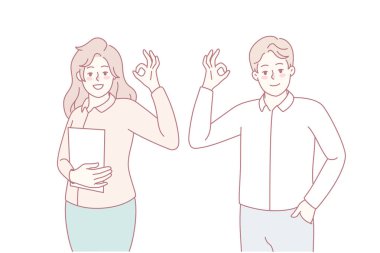 Smiling people showing ok sign with hands. Happy man and woman demonstrate approval gesture, say all right. Vector illustration.