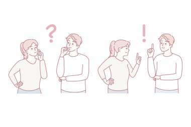 Çiftin kafaları karışık ve sorunlu çözümler düşünüyorlar. Düşünceli erkek ve kadın sorunu çözmeyi ve cevabı bulmayı düşünün. Takım çalışması konsepti. Vektör illüstrasyonu.