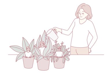 Çalışanlar küçük saksılarda oturur ve yöneticiler sularlar. Patron ya da lider işçilerin büyümesine yardım eder. Akıl hocalığı ve kalkınma kavramı. Vektör illüstrasyonu.