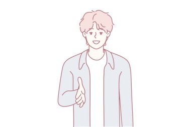 Genç bireyler el sıkışma tebessümü sunuyor, parlak genç adam dostça selamlaşmak için elini uzatıyor, hoş bir ifadeyle tanışma için elini uzatan enerjik genç yetişkin.