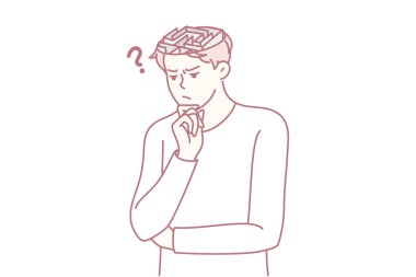 Kafasında labirent olan kafası karışmış genç bir adam sorunlu bir çözüm düşünüyor. Hüsrana uğramış erkek, sorunu çözmeyi düşünerek karar verir. İkilem. Vektör illüstrasyonu.