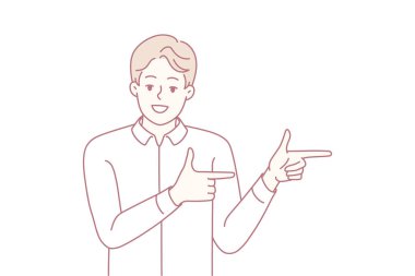 Kendinden emin sırıtan ve rahat duruşu olan parmak tabancalarını doğrultan adam satış ya da satış senaryoları için neşeli karizma, sıcak yaklaşılabilir enerji, pazarlama ve kişilik güdümlü içerik için uygun.