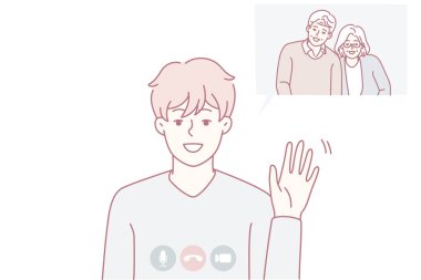 Aile video çağrı mutluluğu, Happy ailesi çevrimiçi görüntülü sohbet yoluyla etkileşim, aile üyelerinin arayüz ögeleriyle dijital video etkileşiminden zevk aldıklarını gösteren gündelik uzaktan iletişim.