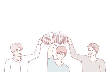 Gülümseyen genç adamlar bardaklarını tokuşturup birlikte bira içiyorlar. Mutlu adamlar eğlencenin tadını çıkarır. Arkadaşlık kavramı. Vektör illüstrasyonu.