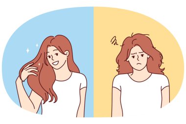 Saç problemlerinden kurtulmak ve güzel bir saç stili yaratmak için kuaföre gitmeden önce ve sonra bir kadın. Şampuan reklamı için kadın kuaförü ile şampuan reklamındaki tüylü kızın karşılaştırılması.