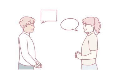 Baloncuklu kadın ve erkek hafta sonu için flört ediyor ya da ortak planlar tartışıyorlar. Erkek ve kız, boş diyalog bulutlarıyla günlük giysiler içinde birbirlerine bakıyorlar. Düz vektör resmi