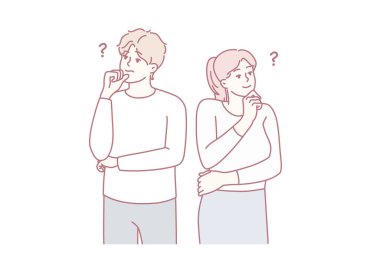 Erkek ve kadın farklı yönlere bakar ve yıldönümü hediyesini düşünürken çenelerini kaşırlar. Kız ve erkek birlikte rüya görür ya da beyin fırtınası yapmak için fikir üretirler. Düz vektör resmi