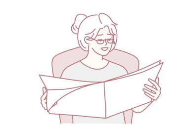 Yaşlı bir kadın, rahat koltukta oturan son haberleri ya da anonsları ile gazete okur. Gri saçlı, gözlüklü olgun bayan rahatlıyor ve en sevdiği dergiye bakıyor. Düz vektör illüstrasyonu