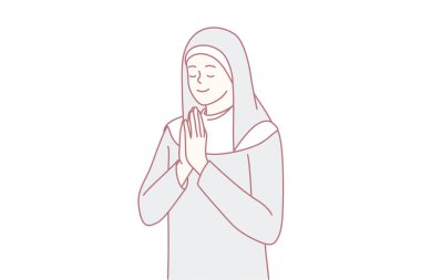 Katolik rahibeler gibi giyinmiş, gözlerini kapatıp Tanrı 'dan yardım ya da tavsiye dileyen olumlu bir kadın. Avuçları göğsünün önünde sıkıca bağlı dua eden kız dini ayin yapıyor. Düz vektör illüstrasyonu