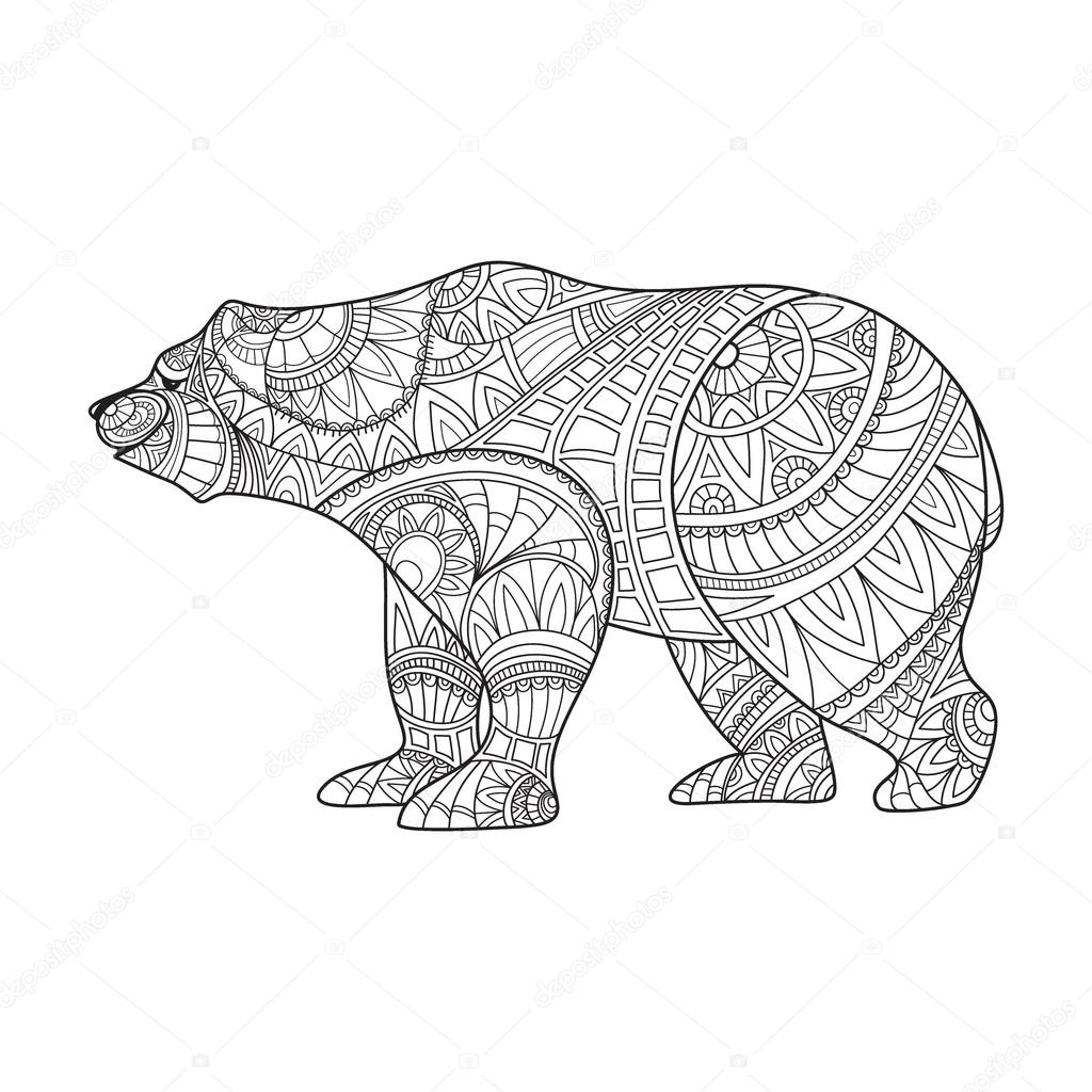 Animale Orso disegnato a mano isolato su bianco Zentangle stile Animale di illustrazione vettoriale per colorare antistress Disegni da colorare per