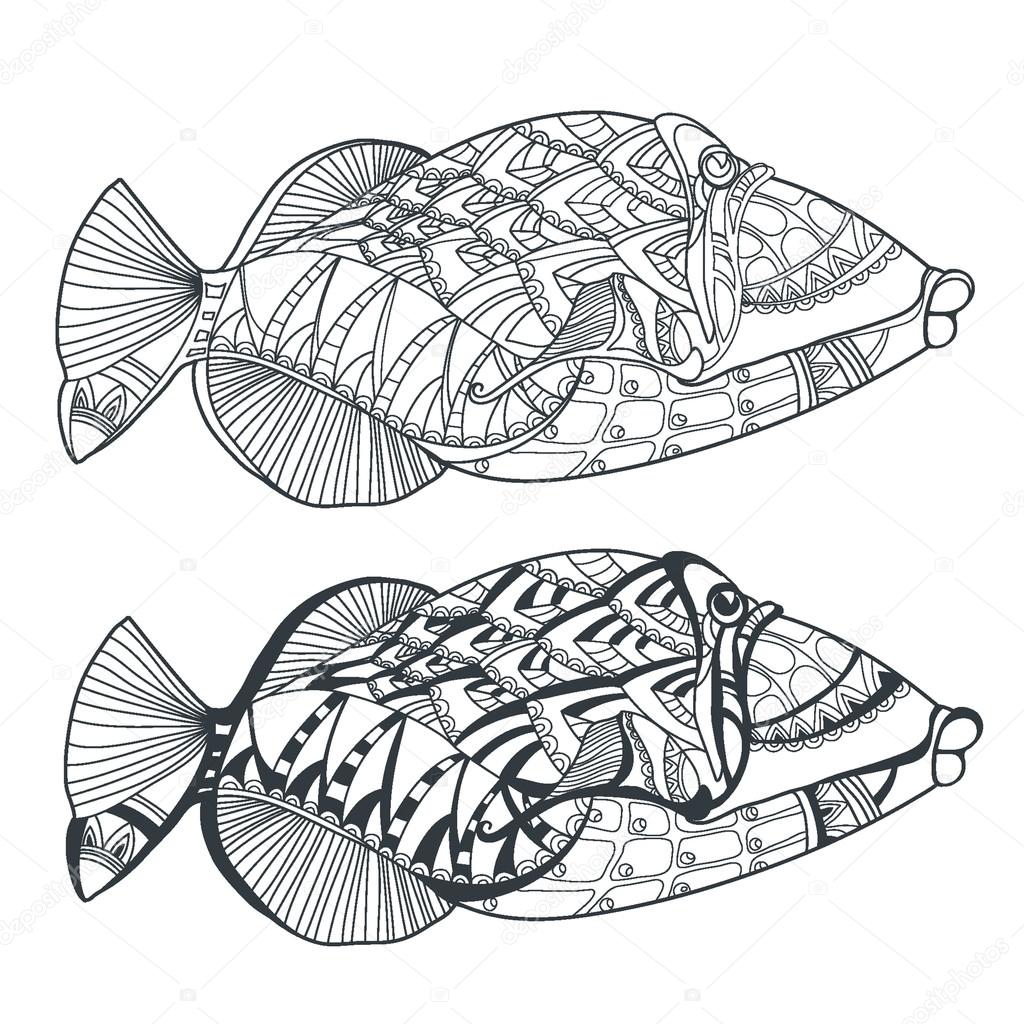 Pesce Mano di pesce stilizzato disegnato Reticolo etnico floreale di doodle zentangle stile arte reticolo di schizzo Libro da colorare stampa tessuto
