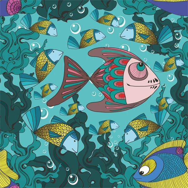 Balık ve deniz yosunu ile desen — Stok Vektör