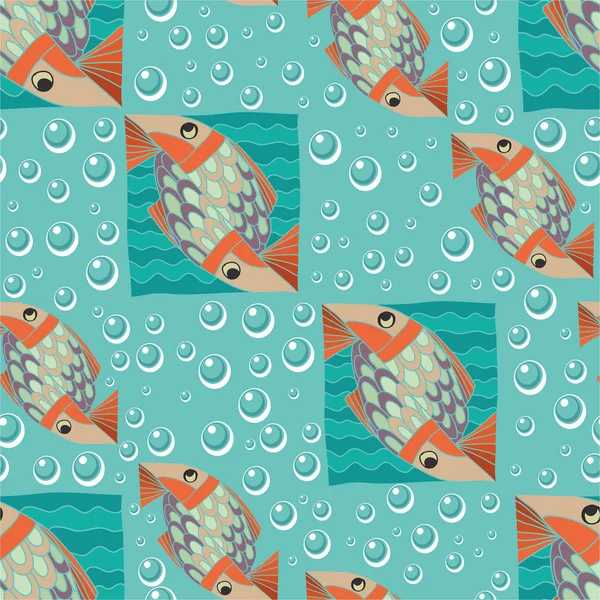 Pattern with fish and bubbles. — Stock Vector