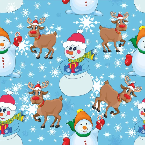 Pattern with snowmen and reindeer. — Stock Vector