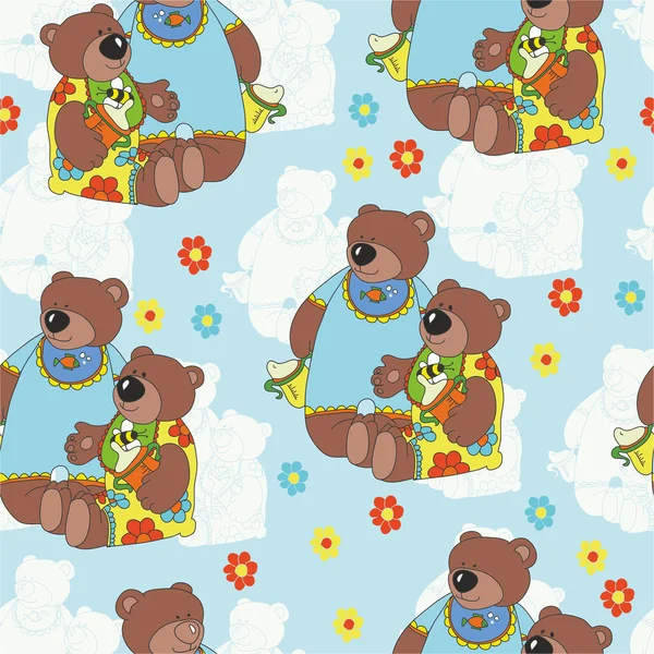 Muster mit Teddybären und Blumen. — Stockvektor