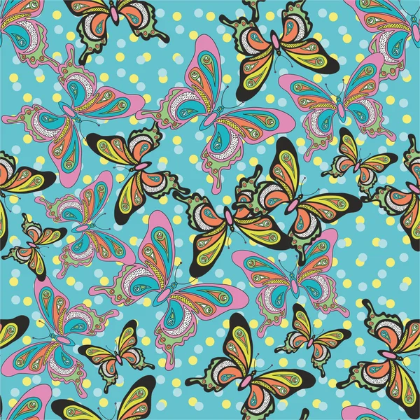 蓝色背景上的蝴蝶图案 — 图库矢量图片