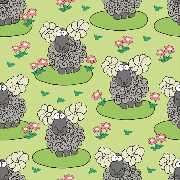 Pattern with sheeps and flowers — Stock Vector