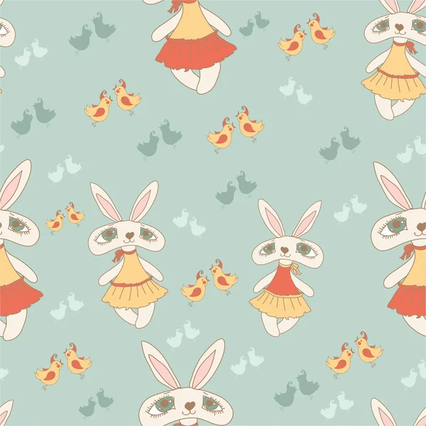 Pattern with rabbits and birds — Stock Vector