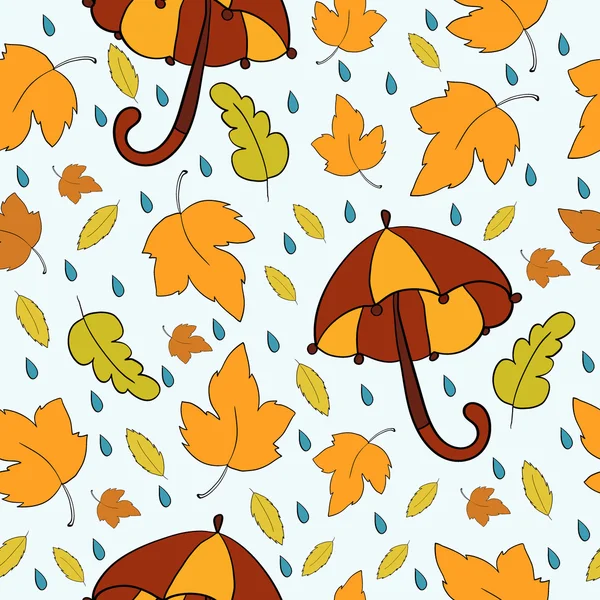Pattern with umbrellas and leaves — Stock Vector