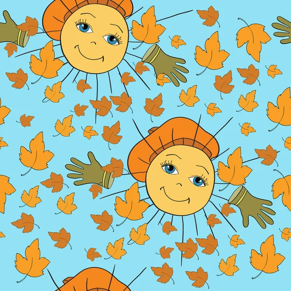 Motif d'automne avec feuilles et soleil — Image vectorielle