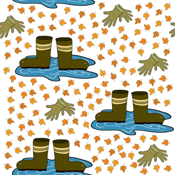 Patrón de otoño con hojas, botas y guantes . — Vector de stock