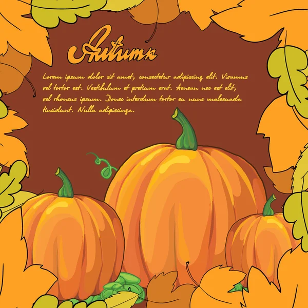 Tarjeta con calabazas y hojas amarillas — Vector de stock