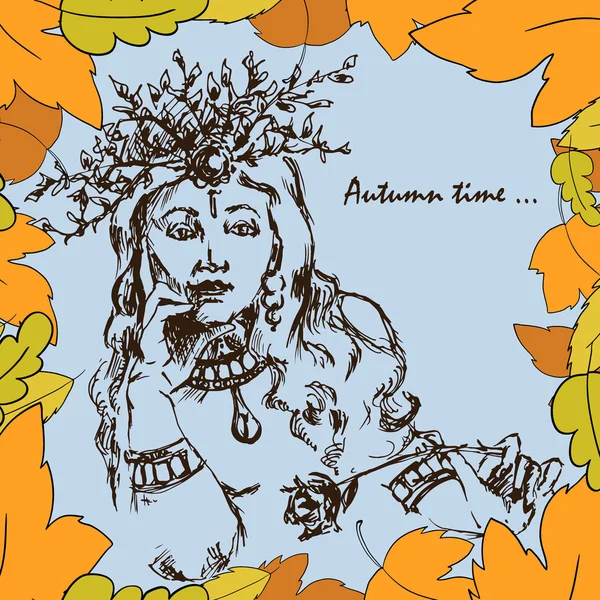 Girl in frame of autumn leaves — ストックベクタ