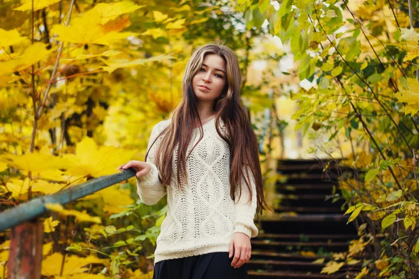 Piękna kobieta z długimi włosami na żółty jesienny liść tło — Zdjęcie stockowe