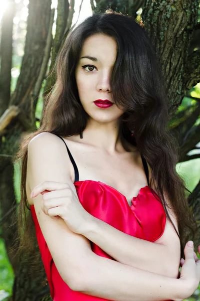 Retrato de mulher bonita em vestido vermelho ao ar livre — Fotografia de Stock