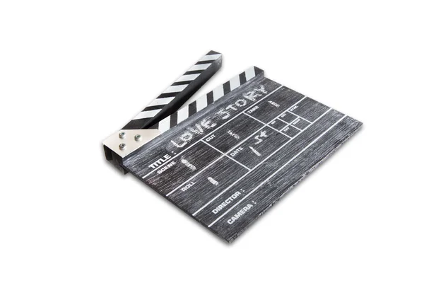 Madeira clapper board no fundo branco Título história de amor — Fotografia de Stock