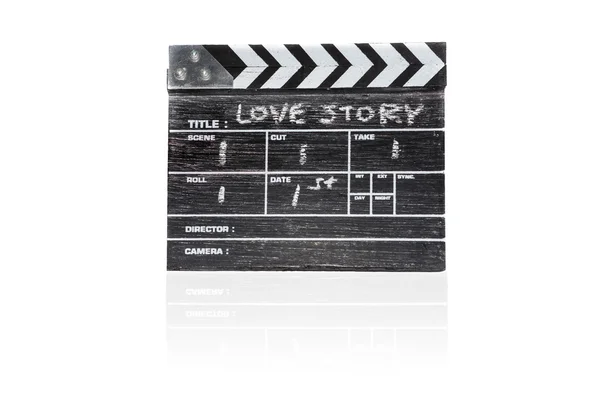 Madeira clapper board no fundo branco Título história de amor — Fotografia de Stock