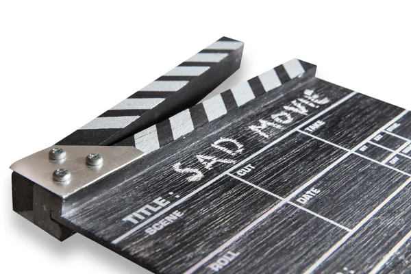 Madeira clapper board no fundo branco título triste filme — Fotografia de Stock