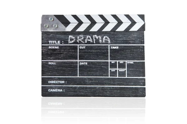 Clapper board in legno su sfondo bianco Titolo Drama — Foto Stock