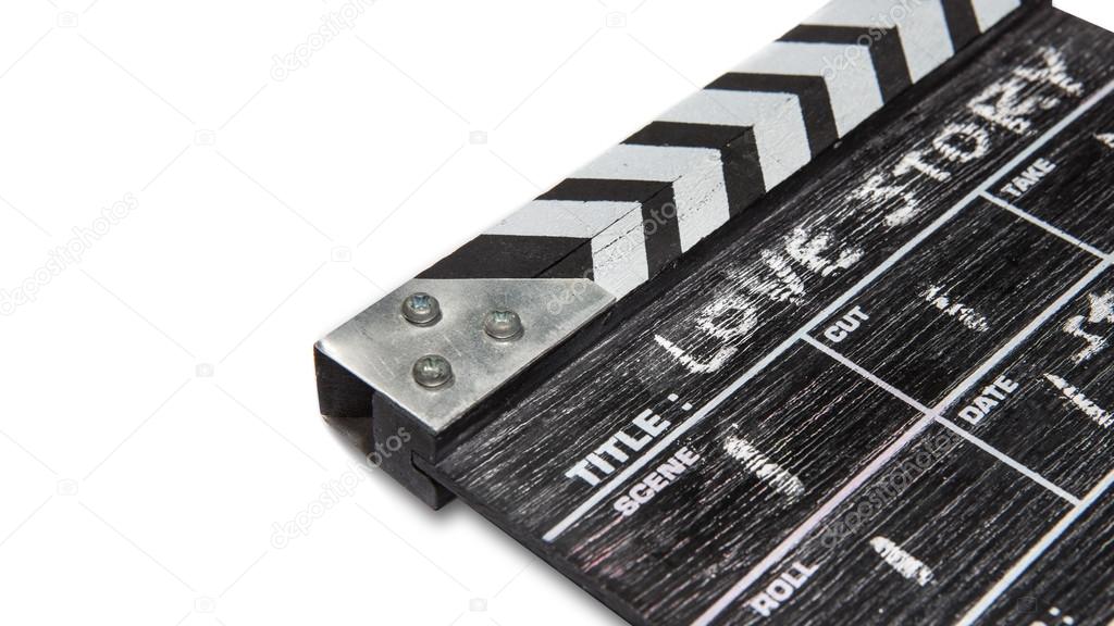 wooden clapper board on white background Title Love story