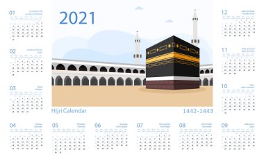 Hijri İslam takvimi 2021. 1442 'den 1443 vektör şablonu.