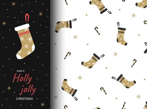 Zimní bezešvé vzor se zlatou vánoční ponožkou. — Stockový vektor