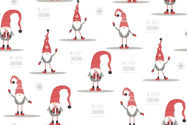 赤い帽子のかわいいノームとクリスマスパターン. — ストックベクタ