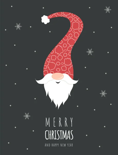 赤い帽子でかわいいスカンディナヴィアのノームを持つクリスマスカード。季節ごあいさつ. — ストックベクタ