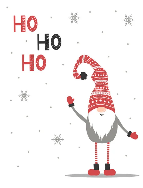 Ho-Ho-Ho Noel tebrik kartı. Kırmızı Noel Baba şapkalı şirin İsveçli cüce.. — Stok Vektör